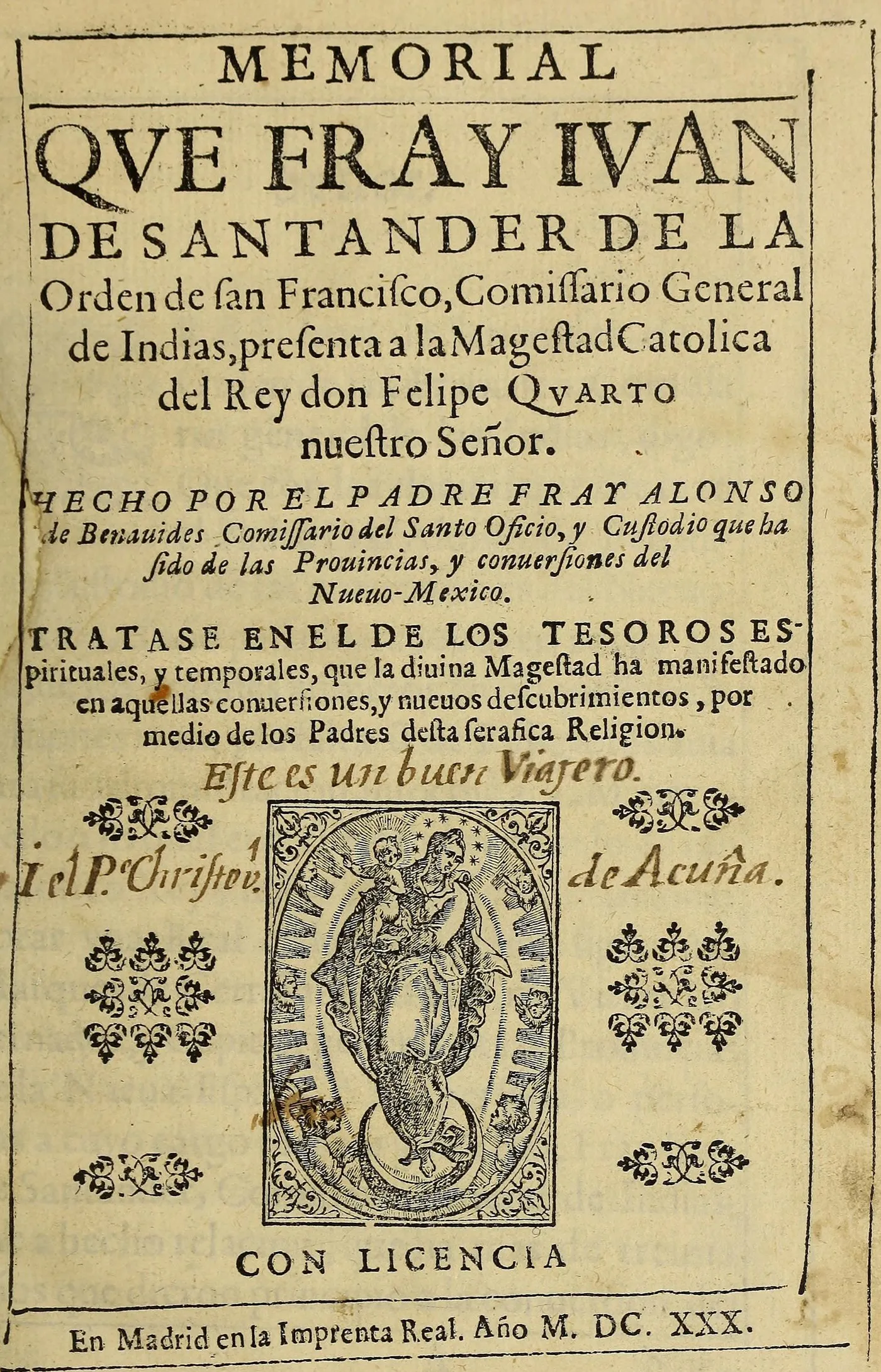 The title page of a printed book in a ruled frame, headed MEMORIAL, with a woodcut of the Virgin and Child on a crescent moon in an oval frame below the title
