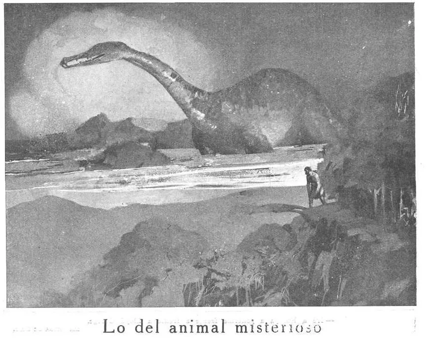 A painted long-necked animal raises its head over a lake at dusk while a small human figure watches from the shore, above the printed headline Lo del animal misterioso