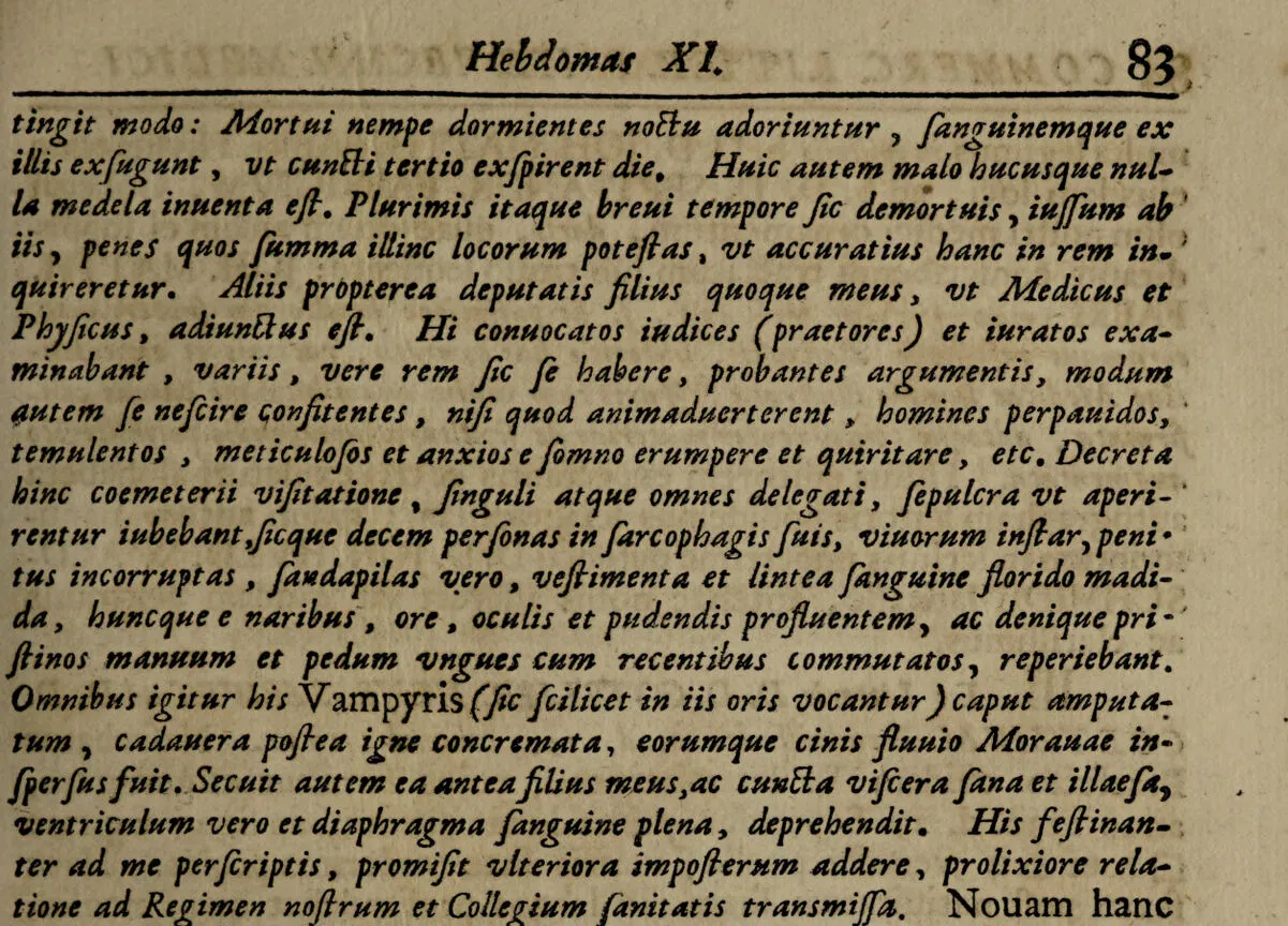 A printed page in Latin italic type, under the running head Hebdomas XI, with the word Vampyris set in larger roman type in the middle of the text