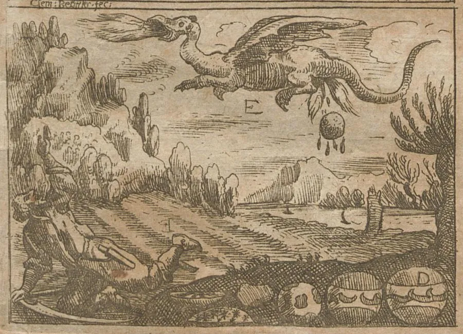 A copperplate engraving: a winged dragon flies over a field and lets a round stone fall with drops trailing from it, while a man lies on the ground below; three round figures with crescent marks sit along the bottom edge