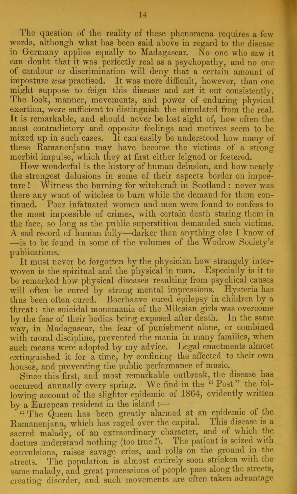 A printed pamphlet page numbered 14, in English type. The first paragraph begins "The question of the reality of these phenomena" and discusses imposture, illness and the 1864 outbreak.