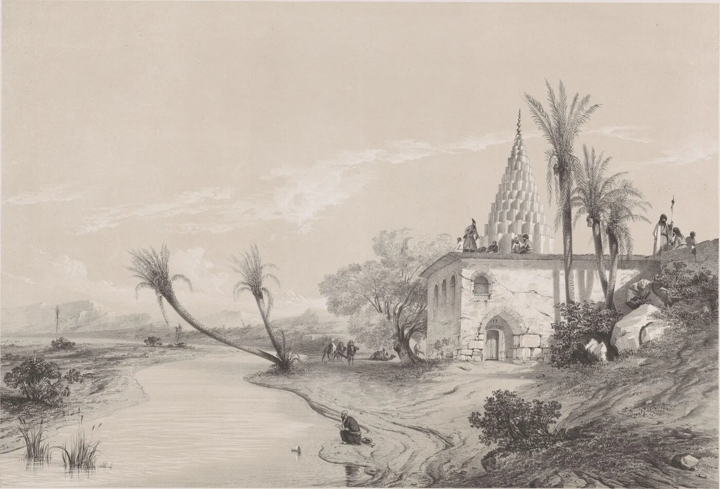 Lithograph of a small whitewashed stone building with a tall conical dome of stepped courses, palms and a river in the foreground, a man kneeling at the water's edge and small figures on the roof