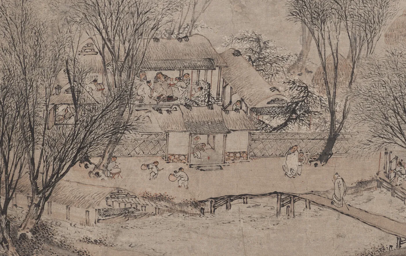An ink painting of a thatched farmhouse among bare willows: guests sit at a table inside, small figures stand in the courtyard in front of the gate, and a plank bridge crosses the water below