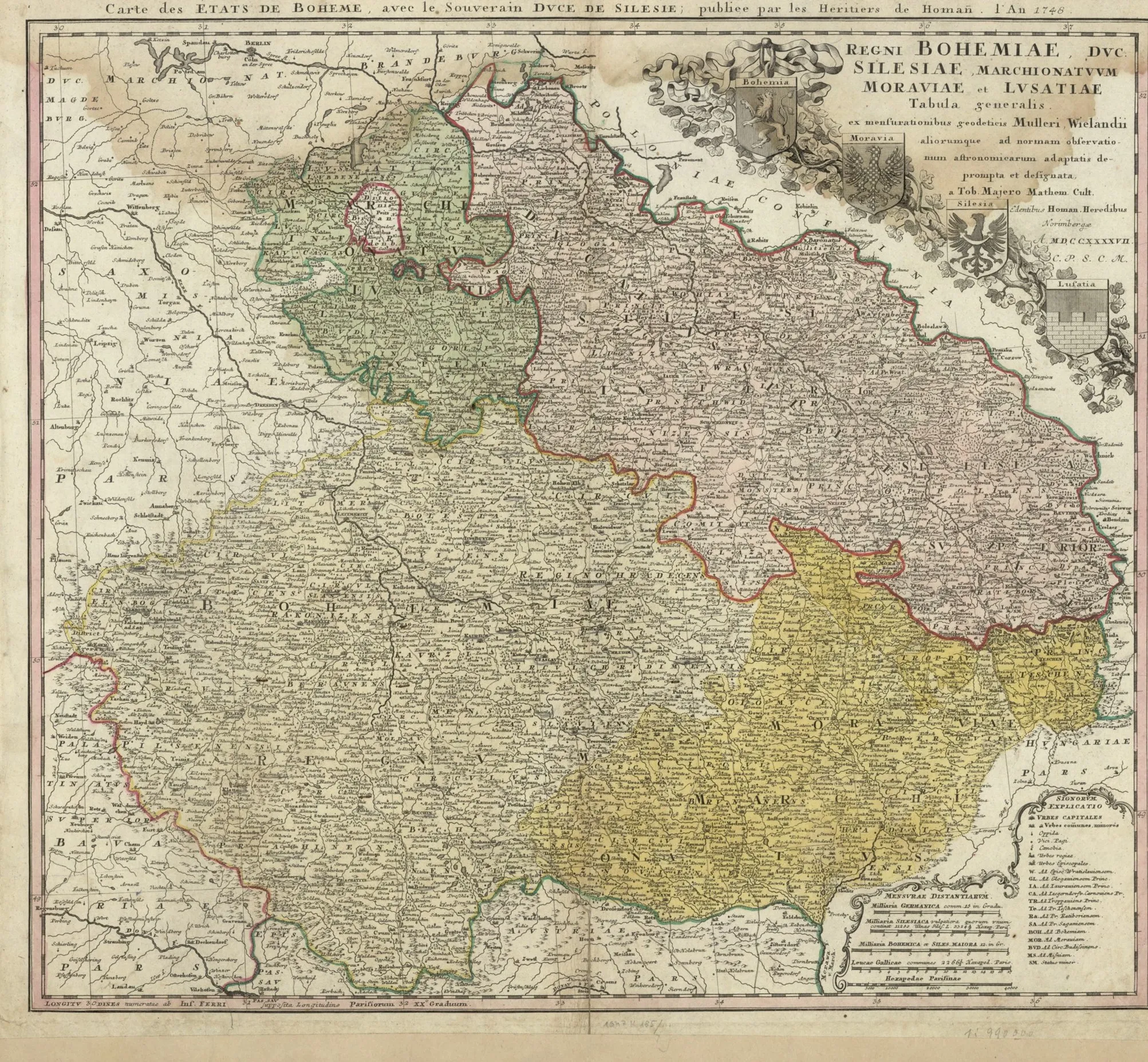 Hand-coloured copper-engraved map of Bohemia, Silesia, Moravia and Lusatia, with coats of arms beside a Latin title cartouche and Moravia and Silesia tinted in separate colours