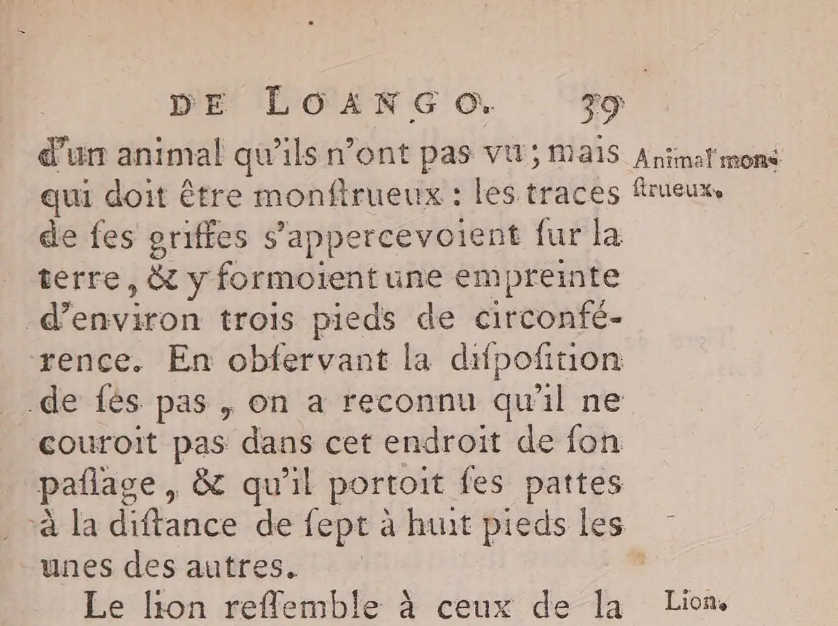 A printed page in eighteenth-century French type, headed "de Loango", with the margin note "Animal monstrueux" beside the first paragraph