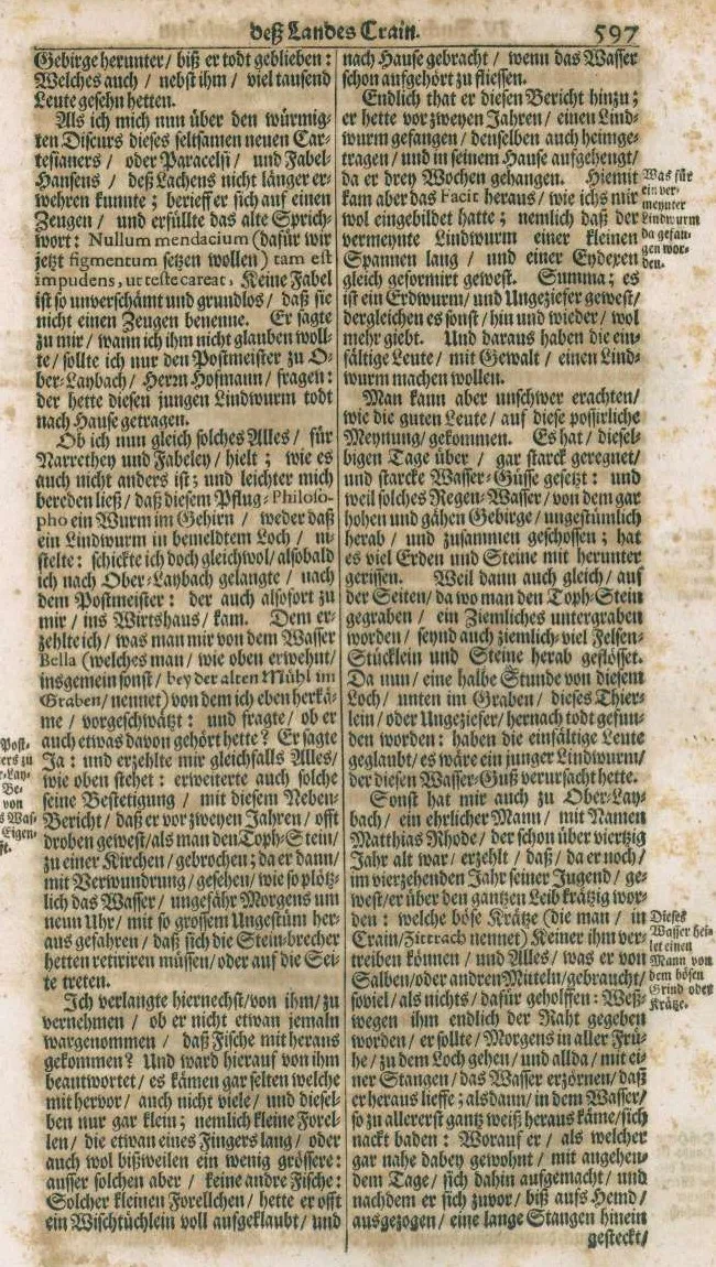 A page of black-letter German printed in two columns, with short notes in the right margin; one note reads Was für ein vermeynter Lindwurm da gefangen worden