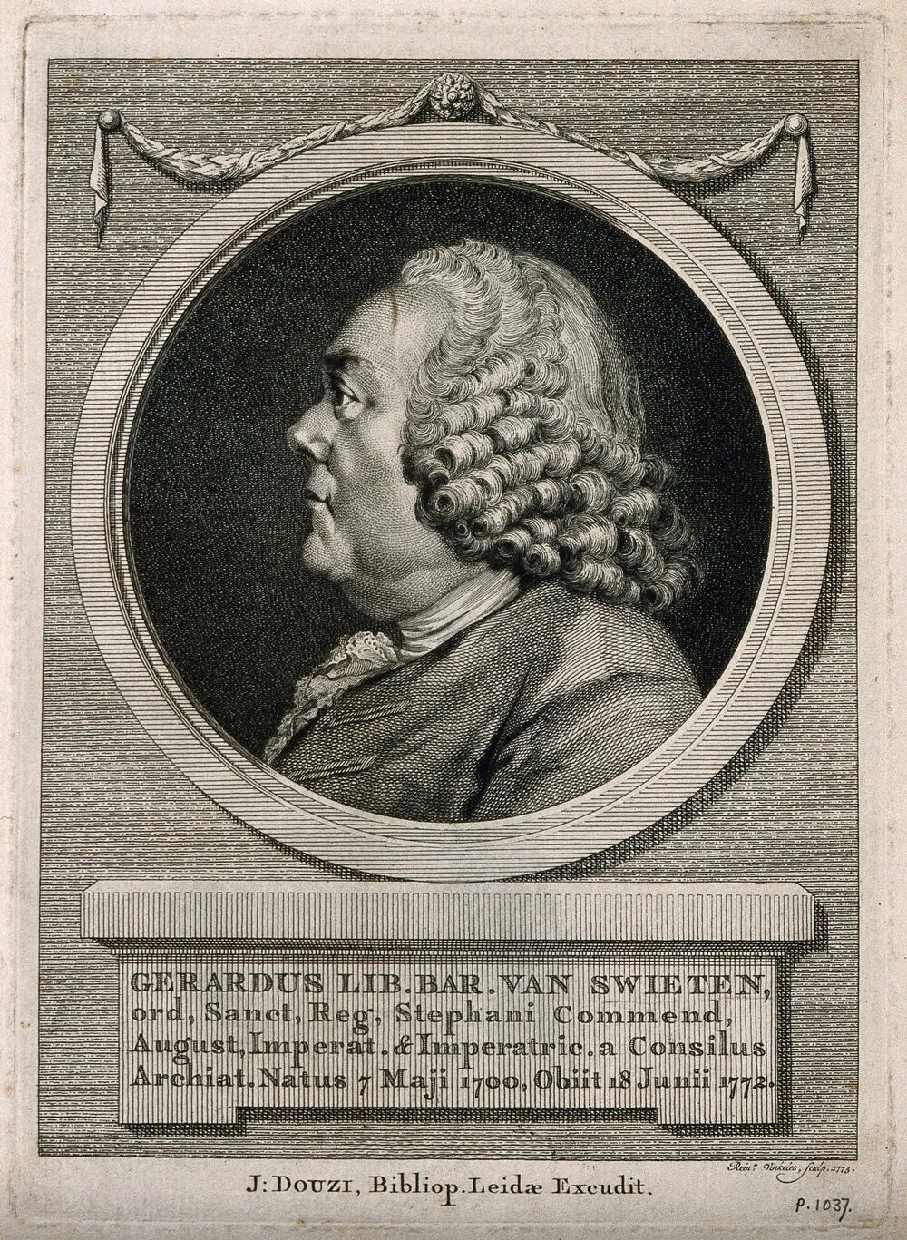 Profile portrait engraving of a man in a curled wig inside a round frame, above a plaque naming Gerardus van Swieten