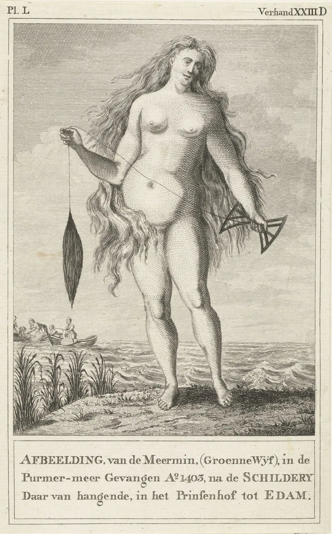 Engraving: a naked woman with very long hair stands barefoot on a shore, holding a hanging spindle in one hand and a wooden reel in the other; a small boat with women is behind her on the water