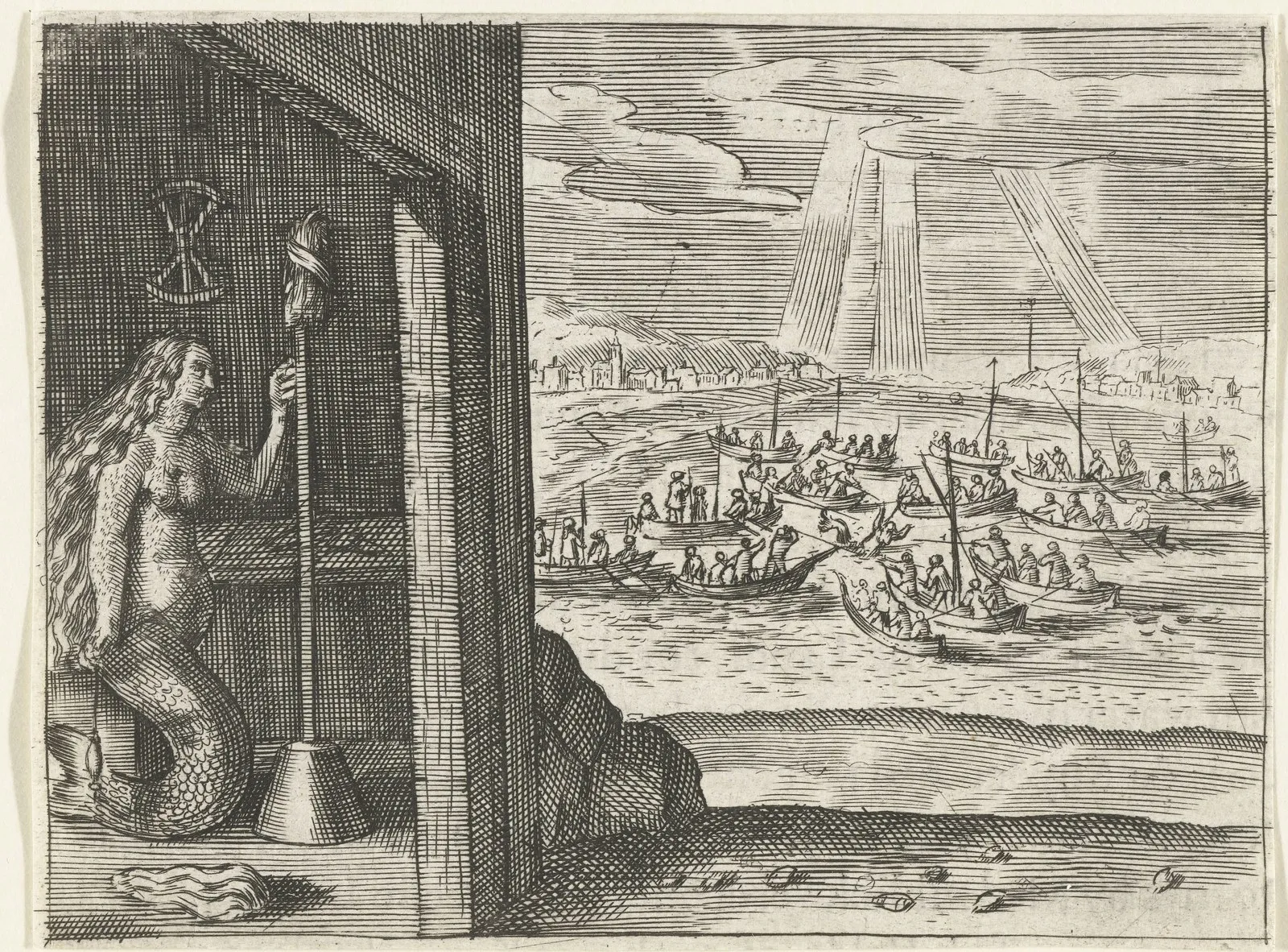 Engraving: a long-haired woman with a fish's tail sits in a doorway at a tall distaff and a reel; to the right, a crowd of small boats works on open water under rays of light