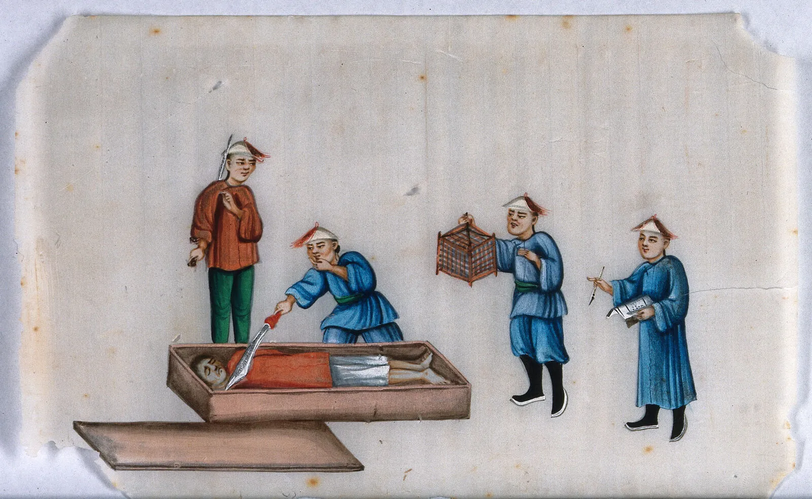 A gouache on rice paper: a body in a red jacket lies in an open wooden coffin, its lid on the ground; one man in a tasselled official hat reaches into the coffin with a blade while others stand by, one holding a small cage and one a document and brush