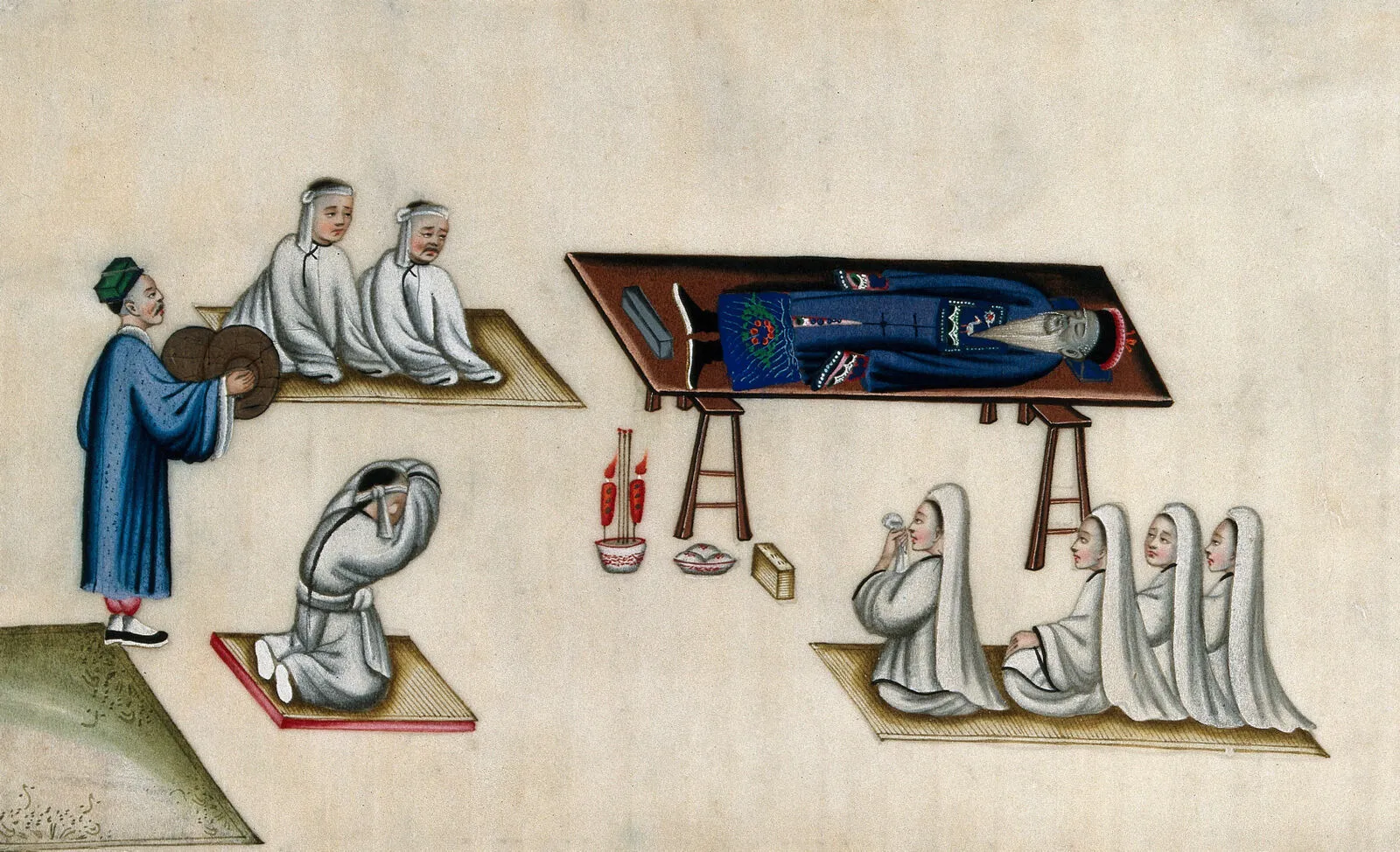 A watercolour: an old man in a blue robe and official's cap lies on a board set on trestles, with candles and incense below it; mourners in white kneel on mats on either side, and a man in blue clashes cymbals